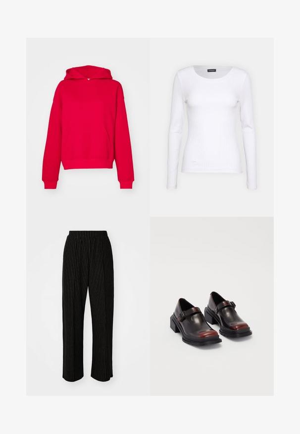 Gina Tricot ICONIC HOODIE - Kapucnis pulóver - lollipop; Fehér bordás, hosszú ujjú felső, kerek nyakkivágással. Rugalmas anyagból készült, amely követi a test vonalát. Finom vízszintes csíkokkal díszített.; Fekete, széles szárú nadrág fehér függőleges csíkozással, rugalmas derékkal a kényelem érdekében és sima, puha textúrával.; Bőr, blokksarkú cipők fényes, sötét burgundi színben, csatpánttal és lekerekített orral. Texturált talp a tapadásért.