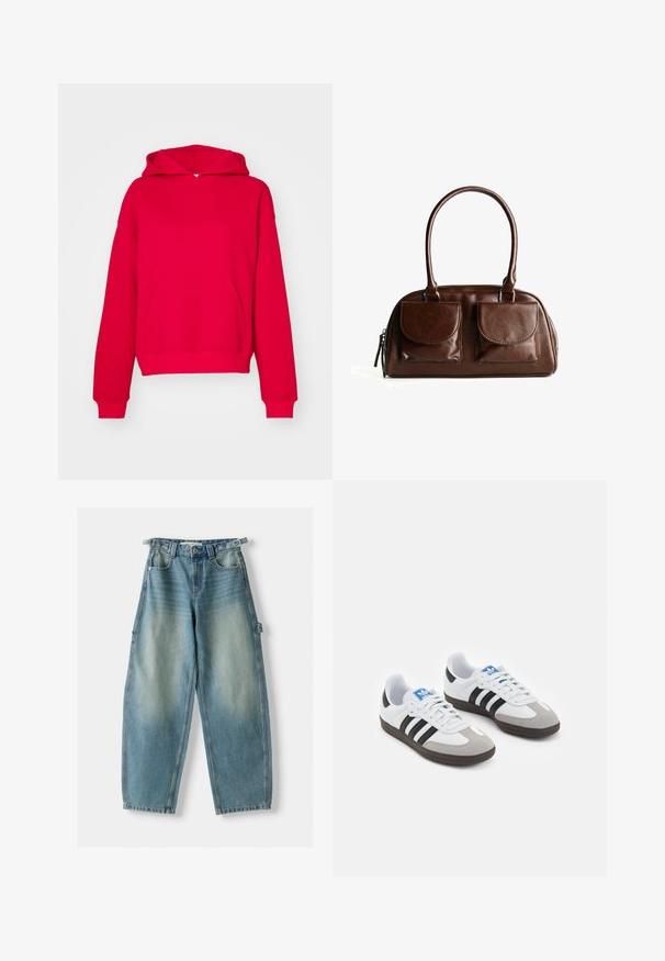 Gina Tricot BASIC ORIGINAL HOODIE - Mikina - lollipop; Džíny s vysokým pásom, svetlomodré denimové, vo voľnom strihu. Medzi vlastnosti patrí zapínanie na gombík, pútka na opasok a bočné vrecká.; Športové topánky s bielym koženým zvrškom, šedou semišovou špičkou a tromi čiernymi pruhmi. Obsahujú modré logo na jazyku a štruktúrovanú gumovú podrážku.; Hnedá kožená kabelka s dvoma prednými vreckami na klopu, zaoblenými rúčkami a zipsom na boku na bielom pozadí.