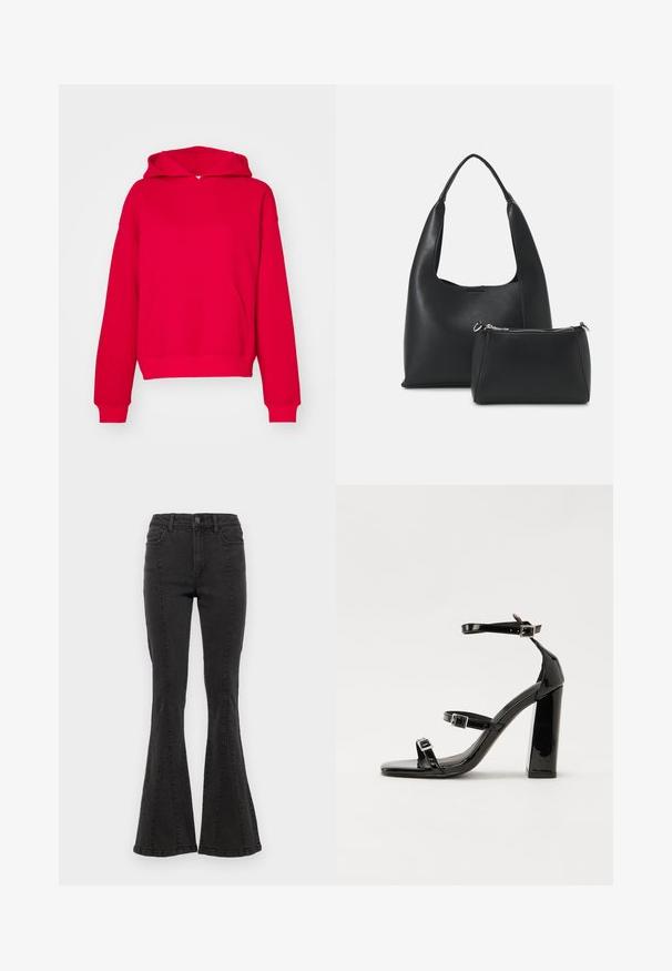 Gina Tricot BASIC ORIGINAL HOODIE - Camisola - lollipop; Calças de ganga flared pretas com cintura alta, apresentando costuras laterais e um acabamento limpo na bainha. O tecido tem uma textura suave com ligeira elasticidade.; Sandálias de tacão preto laqueadas com bico quadrado, tiras para o tornozelo e fivelas prateadas. Apresentam um salto bloco chunky para estabilidade.; Even&Odd Mala de mão - black