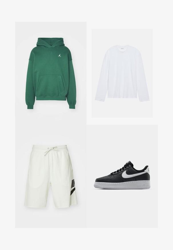 Sudadera con capucha verde, hecha de una tela suave, que cuenta con un bolsillo frontal tipo canguro y un logo blanco en el lado izquierdo del pecho. Puños y dobladillo acanalados.; Camiseta blanca de manga larga hecha de algodón. Presenta un clásico escote redondo y costuras de hombro caídas, con una textura lisa y uniforme.; Pantalones cortos de algodón gris claro con una cinturilla elástica, cordón ajustable y un logo negro de Nike en el lado izquierdo.; Zapatilla negra de cuero con superficie texturizada, logo de Nike en blanco, suela gris, puntera redonda y diseño de encaje. Presenta perforaciones en la puntera.