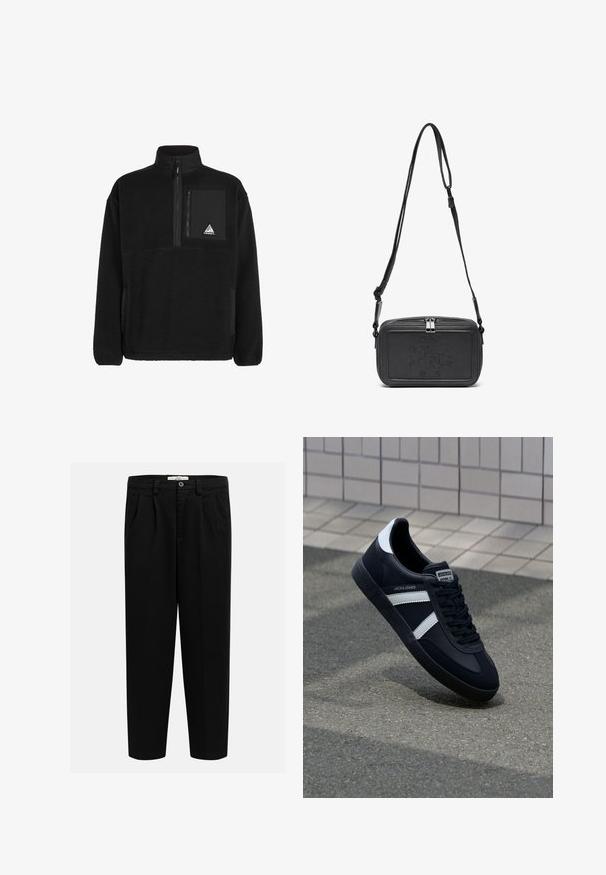 Pullover in pile nero con collo zip, dotato di una tasca sul petto in tessuto nero e un patch a logo triangolare. Materiale morbido e texture piacevole.; Pantaloni neri in morbido tessuto, con design a gamba dritta, pieghe frontali e chiusura con bottone in vita.; Sneaker neri in pelle con strisce bianche, suola in gomma texturizzata e allacciatura frontale. Presenta un'etichetta con il marchio sulla linguetta.; Borsa a tracolla nera in pelle con chiusura zip, logo impresso sul davanti e tracolla regolabile. Texture liscia con forma rettangolare.