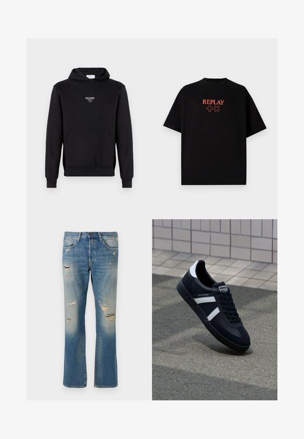 Černá mikina s kapucí vyrobená z bavlněné směsi, s přední kapsou, žebrovanými manžetami a malým bílým vyšitým logem na hrudi.; Černé bavlněné tričko s krátkým rukávem a kulatým výstřihem, s červeným logem "REPLAY" a symboly umístěnými uprostřed na hrudi.; Svetle modré džínové kalhoty s volným střihem, se zeslabenými detaily a roztrženými záplaty, standardním pětikapsovým designem a zapínáním na knoflík.; Černé kožené tenisky s bílými pruhy, texturovanou gumovou podrážkou a šněrováním vpředu. Obsahují značenou etiketu na jazyku.