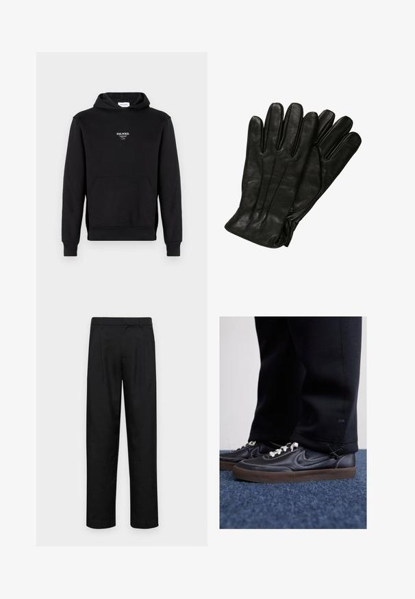 Hanorac negru din amestec de bumbac, cu buzunar frontal, manșete ribbate și un mic logo brodat alb pe piept.; Pantaloni negri dintr-un material neted, cu un design drept, două pliuri frontale și un tiv standard cu bucle pentru curea.; Nike Sportswear KILLSHOT 2 LTR PRM OPP2 - Sneakers low - black sail baroque brown mtlc dk grey; Mănuși din piele neagră cu o textură netedă, cu cinci degete și detalii fine de cusătură. Design clasic, potrivit pentru utilizarea în vreme rece.