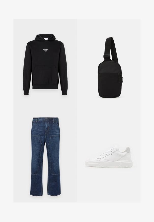 Un sweat à capuche noir en mélange de coton, doté d'une poche frontale, de poignets côtelés et d'un petit logo brodé blanc sur la poitrine.; Jean en denim bleu foncé avec une coupe décontractée, un design à jambes larges et des poches plaquées à l'avant. Texture lisse avec des détails de couture minimalistes.; Des baskets en cuir blanc avec une finition lisse, un bout rond, des lacets plats et une semelle texturée. Accents en daim gris au niveau du talon.; Sac bandoulière noir en tissu durable, avec une seule sangle ajustable, un compartiment principal zippé et une poche avant.
