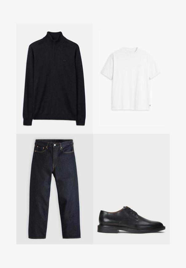 Svart långärmad tröja med ribbad hög krage och halvmeterdragkedja, med en subtil logo på vänster bröst.; Vit bomulls-t-shirt med korta ärmar, rund halsringning och en diskret "Levi's"-logotyp tryckt i ljus färg på framsidan.; Mörkblå denimjeans med rak passform, fem fickor, kontrasterande orange sömmar och knappgylf. Inga synliga mönster eller dekorationer.; Svart läderklänningsko med rund tå, snörning och låg staplad klack. Slät yta med minimala sömdetaljer.