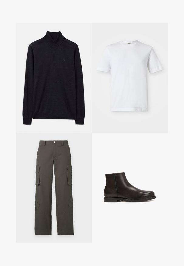 Černý svetr s dlouhým rukávem a žebrovaným vysokým límcem, s půlzipem, na levém prsu s decentním logem.; Bílá bavlněná tričko s krátkým rukávem, kulatým výstřihem a hladkou texturou. Žádné vzory ani akcenty nejsou viditelné.; Tmavě šedé cargo kalhoty rovného střihu s zapínáním na knoflík a čtyřmi klopovými kapsami, dvě na stehnech a dvě poblíž lýtek.; Černá kožená kotníková bota s hladkým povrchem, zaoblenou špičkou a nízkým podpatkem. Obsahuje boční zip pro snadné obouvání.