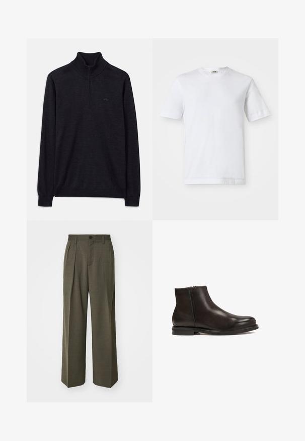 Czarny sweter z długim rękawem, z prążkowanym wysokim kołnierzem i pół zamkiem, z subtelnym logo na lewej piersi.; Biała bawełniana koszulka z krótkim rękawem, okrągłym dekoltem i gładką teksturą. Brak widocznych wzorów lub akcentów.; Filippa K - Spodnie materiałowe; Czarne skórzane botki za kostkę o gładkiej fakturze, zaokrąglonym nosku i niskim obcasie. Posiadają boczny zamek błyskawiczny ułatwiający zakładanie.