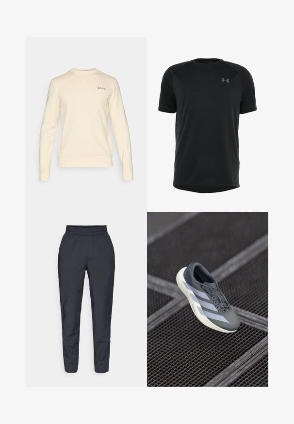 Krémová mikina vyrobená z mäkkého materiálu, s okrúhlym výstrihom, dlhými rukávmi a malým vyšívaným logom na hrudníku.; Čierny športový krátky rukáv vyrobený z hladkej, ľahkej tkaniny. Má zaoblený výstrih a nenápadné logo na hrudi.; Námořnické zúžené kalhoty vyrobené z jemné tkaniny, s elastickým pasem, bočními kapsami a hladkou texturou s jemnými prošitími.; Športová obuv v šedej a bielej farbe, vyrobená z umelých materiálov, s aerodynamickým dizajnom, textúrovaným povrchom a výrazným šnurovacím systémom.