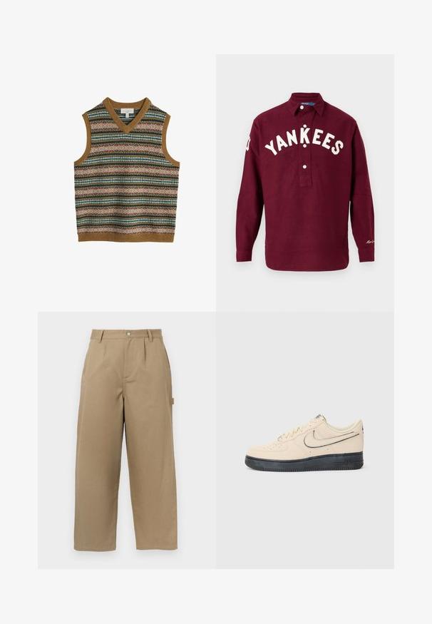Moški brezrokavnik iz pletenine z večbarvnimi vodoravnimi fair isle vzorci in rjavim rebrastim pasom pri vratu, armhole-ih in robu.; Burgundska dolga srajca z gumbastim ovratnikom, ki na sprednji strani vsebuje belo vezeno besedo "YANKEES" in logotip na rokavu.; Bež hlače širokega kroja iz mešanice bombaža, z visokim pasom, sprednjimi naborki in dvema stranskima žepoma s gumbom.; Bež zamšaste Nike Air Force 1 superge z črnim gumijastim podplatom, šivi, perforirano prstno področje in izrazit Swoosh logotip.