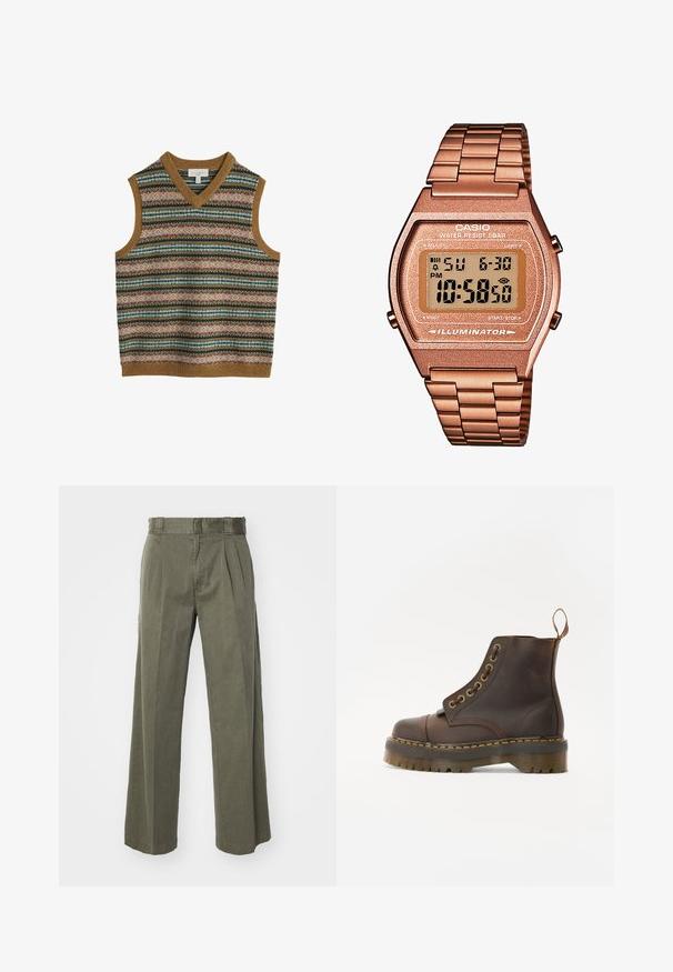 Muška bezrukavna pletena prsluka s višebojnim horizontalnim fair isle uzorcima i smešnim rebrastim rubom na izrezu, otvorima za ruke i donjem rubu.; Košulja s dugim rukavima u tamno tirkiznoj boji, s dugim rukavima, kragnom na kopčanje, jednim džepom na prsima, s bijelim gumbima i teksturiranom tkaninom.; Maslinasto zelene hlače sa širokim, ležernim krojem i prednjim nabranim detaljima. Izrađene od teksturiranog materijala s klasičnim pojasom i bez vidljivih metalnih dijelova.; Smeđe kožne čizme do gležnja s okruglim vrhom, kontrastnim žutim šavovima, dekorativnim metalnim rupicama i zupčastom gumom.; Digitalni Casio sat s metalnom narukvicom u ružičastom zlatu, pravokutnim kućištem, osvijetljenim zaslonom i vodootpornošću, prikazuje vrijeme i datum.