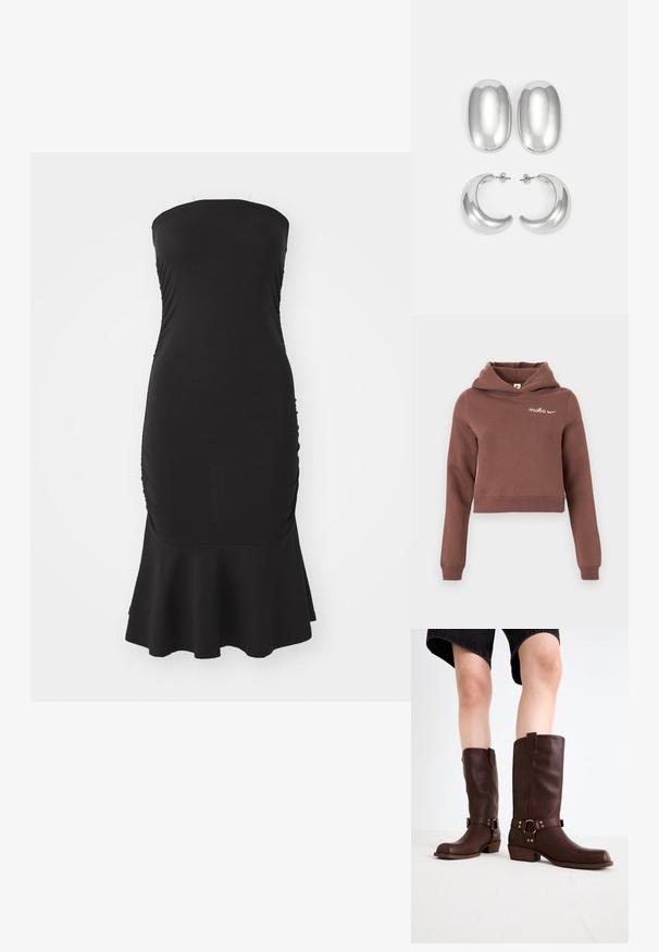 Hanorac scurt maro, cu mâneci lungi și logo-ul alb Nike pe partea stângă sus a pieptului, afișat pe un fundal simplu de culoare deschisă.; Rochie neagră fără bretele, confecționată dintr-un material elastic, cu volane pe laterale și o margine evazată. Textură fină cu o siluetă ajustată.; Cizme din piele maro, până la genunchi, cu vârf rotunjit, suprafață texturată, curea la gleznă și detalii din metal argintiu; toc înălțat.; Set de cercei argintii: două stud-uri ovale și două cercuri în formă de semilună, având un finisaj lucios și neted și un design rotunjit.