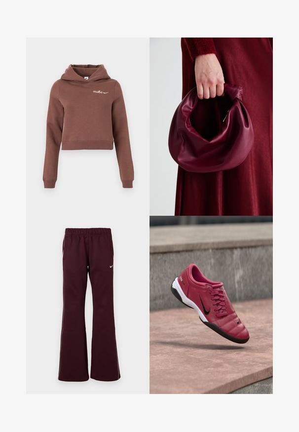 Brun kort hoodie med lange ermer og hvit Nike-logo på øverste venstre bryst, vist på en enkel lys bakgrunn.; Bordeaux treningsbukser med utsvingt design, elastisk midjebånd og sidelommer. Har hvite pipinger og en liten logo foran.; Røde syntetiske sportssko med kviltet design, svarte detaljer og hvit såle. Har snøring og polstret krage for komfort.; Bordeaux lærhåndveske med et mykt, samlet design og avrundet form. Håndtaket er festet, og viser en glatt tekstur.