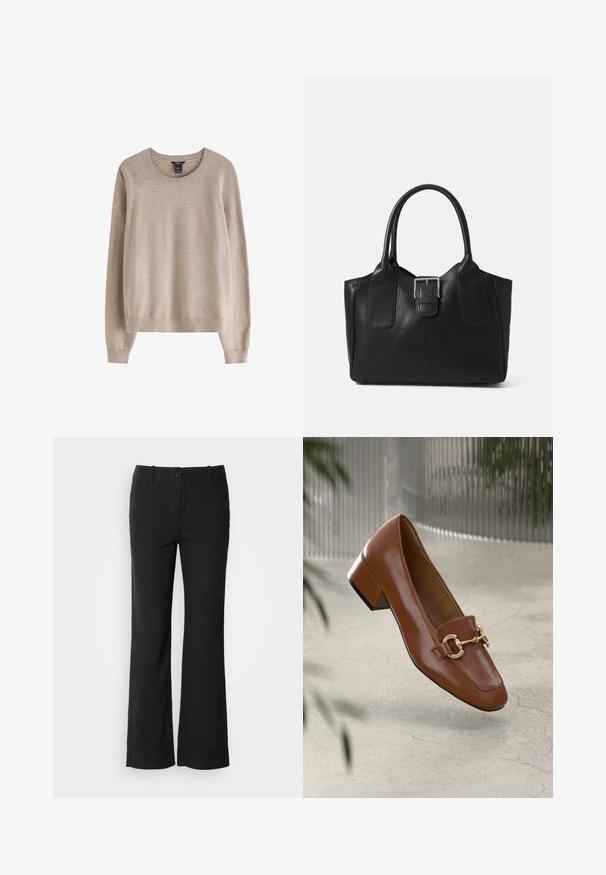 Beige džemperis ar ribotu apaļu kakla izgriezumu, garām piedurknēm un brīvu piegriezumu, izgatavots no mīksta materiāla.; Melni kokvilnas auduma bikses ar taisnu kāju dizainu, priekšējo pogu aizdari un divām sānu kabatām. Gluda tekstūra, bez redzamām rakstu zīmēm.; Brūni lakoti ādas loaferi ar kvadrātu purngalu, metālisku ķēdes akcentu un zemu blokveida papēdi; gluda tekstūra, minimālisma dizains.; Melnas ādas somiņa ar gludu tekstūru, strukturētu formu, divām rokturām un izteiktu sudraba sprādzi priekšpusē.