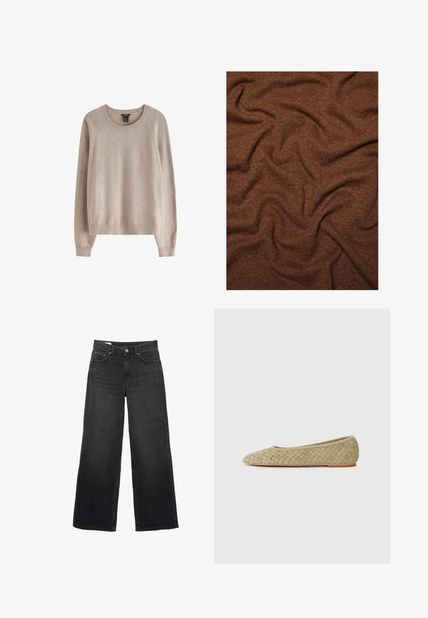 Beige sweater with a ribbed crew neckline, long sleeves, and a relaxed fit, crafted from soft texture material.; Black wide-leg jeans made of denim. Features a classic five-pocket design, a straight silhouette, and a front button closure.; Woven beige ballet flats featuring a pointed toe, soft texture, low profile, and a tan rubber sole. Classic design with intricate detailing.; Brown knit fabric with a soft texture, featuring a wavy pattern and subtle ribbing. The material appears warm and cozy.; Woven olive green handbag with a rounded shape and a twisted handle. Textured surface features a diagonal pattern. Zipper closure.