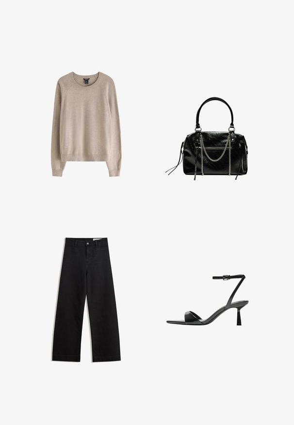 Maglione beige con collo a girocollo a coste, maniche lunghe e una vestibilità comoda, realizzato in materiale dalla texture morbida.; Pantaloni in denim neri a gamba larga con vita alta, dotati di tasche anteriori e posteriori, cuciture a punto, e chiusura con bottone. Texture liscia.; Bershka Sandali con tacco - black; Bershka WITH CHAIN - Borsa a mano - black