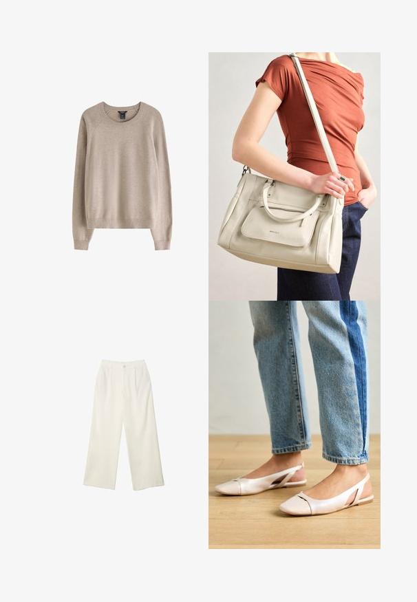 Beige sweater med ribbet rund halsudskæring, lange ærmer og en afslappet pasform, fremstillet af blødt tekstilmateriale.; Bredde bukser i cremefarvet stof med en glat tekstur, der har en enkelt knap foran, diskrete folder og design med høj talje.; Lyserøde slingback flade sko med spidse tær, lavet af et glat læderlignende materiale. Har udskæringsdetaljer på siderne og en flad hæl.; Hvid lædertaske med dobbelte hanke og en aftagelig skulderrem, der har en lynlåslomme foran og en glat overflade. Bæres på en persons arm.