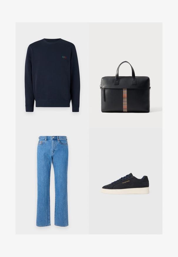 Mornarska dukserica s okruglim izrezom, izrađena od mekog materijala, s malim izvezenim detaljem u obliku pet vertikalnih pruga različitih boja na prsima.; Svijetloplave traperice ravnog kroja, s pet džepova i zatvaranjem na gumb. Sadrže suptilne detalje šivanja.; Navy plave sačmene niske tenisice s bijelim potplatom, mornarskim vezicama i "Filling Pieces" logotipom u zlatnoj boji sa strane.; Paul Smith BAG FOLIO UNISEX - Kovčeg - black
