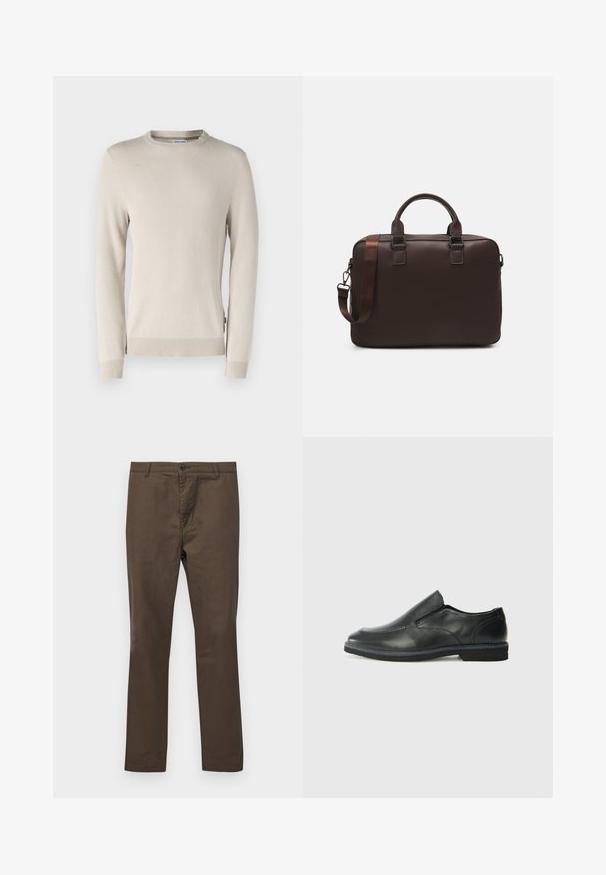 Beige stickad tröja med en mönstrad textur, rund halsringning och ribbade mudd och nederkant. Tillverkad av mjukt, andningsbart material.; Bruna bomullbyxor med rak bendesign, utrustade med knappstängning och bältesöglor, slät yta utan mönster eller dekorativa inslag.; Svart lädersko i slip-on-modell med en slät ovandel, sömnadsdetaljer, rund tå och låg gummihäl. Sulan har minimal mönstring.; Brun läder laptopväska med en texturerad yta, dubbla handtag ovanpå, justerbar rem och två frambucklar för extra detaljer.
