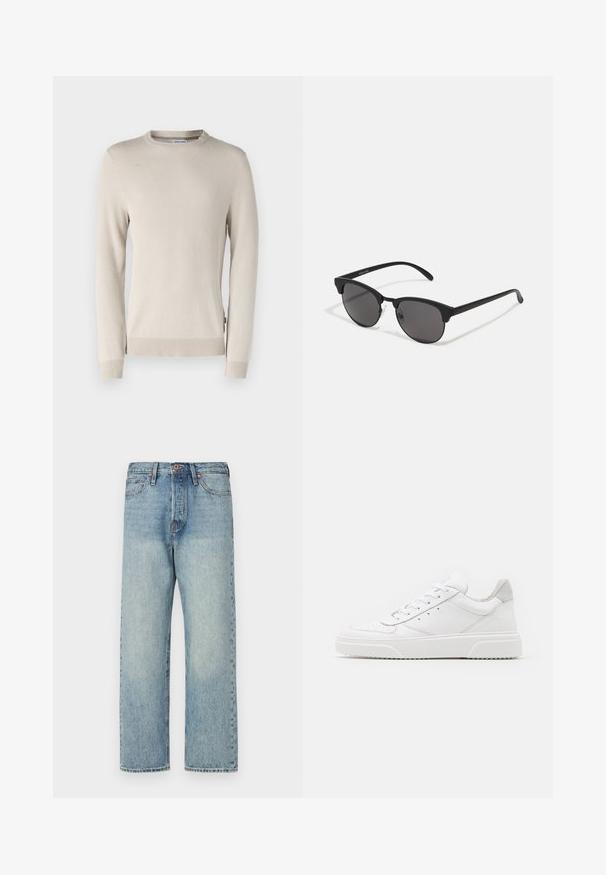 Bežinis mezginys megztinis su tekstūruotu raštu, apvalia iškirpte ir gipiūro rankogaliais bei apačia. Pagamintas iš minkštos, kvėpuojančios medžiagos.; Šviesiai mėlynos džinsinės kelnės su tiesiu kirpimu, penkiomis kišenėmis ir variniais akcentais. Minimalus blukimas su švariu apdailos įvaizdžiu.; Balti odiniai sportbačiai su lygiu paviršiumi, apvaliu pirštu, plokščiomis raištelėmis ir struktūrizuota padu. Pilko zimšo akcentas ant kulno.; Juodos saulės akinių su apvaliais lęšiais, matinio paviršiaus ir išskirtinės katės akies formos. Šlauni rankenos su subtilia ženklinimo detale kairėje šventykloje.
