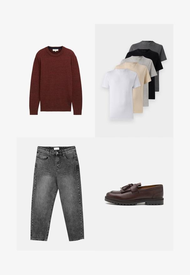 TOM TAILOR DENIM BASIC CREWNECK - Strickpullover - velvet red navy mouline; Set aus fünf Kurzarm-T-Shirts in Weiß, Beige, Hellgrau, Dunkelgrau und Schwarz. Hergestellt aus glattem Baumwollmaterial, mit Rundhalsausschnitt.; Schwarz gewaschene gerade Jeans mit vorderen und hinteren Taschen, Gürtelschlaufen und einem Knopfverschluss an der Taille.; Zign Business-Slipper - brown