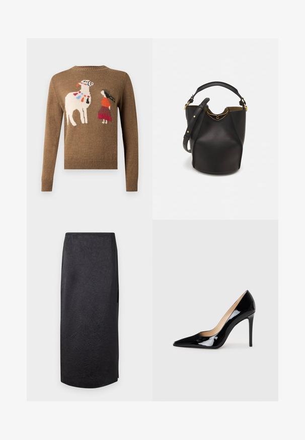 Pulover maro tricotat cu un design brodat reprezentând o lamă și o figură îmbrăcată în roșu și portocaliu. Guler rotund și manșete răsucite.; Fustă midi neagră cu textură plisată, croi drept și fante pe lateral. Materialul pare ușor. Întreaga este ușor rotunjită.; Pantofi cu toc înalt din piele patent neagră, cu un design cu vârf ascuțit și o siluetă elegantă. Prezintă un finisaj neted și strălucitor și un toc subțire de tip stiletto.; Geantă din piele neagră în stil bucket, cu un finisaj texturat, accente din metal auriu și un compartiment deschis. Dispune de o mânere scurtă și un curea de umăr ajustabilă.