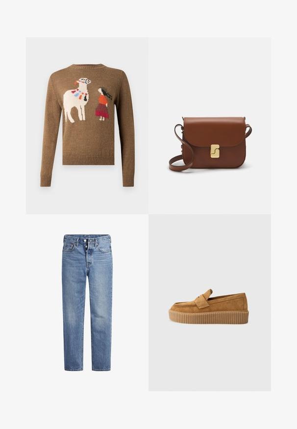 Suéter marrón de punto con un diseño bordado de una llama y una figura con un conjunto rojo y naranja. Cuello redondo y puños acanalados.; Jeans de mezclilla azul claros con corte recto, diseño de cinco bolsillos y cierre de botón. Presentan un ligero desvanecimiento y acentos de costura en naranja.; Mocasín de ante marrón con punta redonda, presentado con una suela de plataforma estriada y una cinta decorativa en la parte superior.; Bolso de mano de cuero marrón con cierre de solapa, herrajes en tono dorado, correa para el hombro y una textura suave. Forma rectangular compacta.