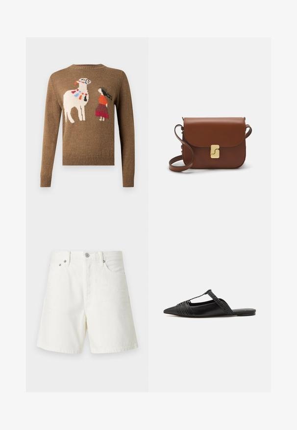 Rudas megztinis su siuvinėtu lama ir raudonos bei oranžinės spalvos apranga vilkinčios figūros dizainu. Apvalus kaklas ir gofruoti rankogaliai.; Balti džinsai šortai su tiesiu kirpimu, penkių kišenių dizainu, priekiniu mygtukų užsegimu, sidabro spalvos detalėmis ir siuvinėtais akcentais.; Juodos odinės slingback bateliai su smailiu pirštu, turintys audinį akcentą ir raukšlėtą viršutinį dizainą. Lygus padas su minimaliais aksesuarais.; Ruda odinė rankinė su uždaromu dangteliu, aukso spalvos detalėmis, petneša ir lygiu paviršiumi. Kompaktiška stačiakampio formos.