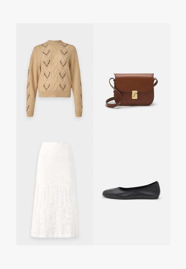 Sweater bege tricotado com um design cropped, apresentando um ponto de cable e padrões em forma de coração nas laterais e nas mangas. Tecido texturizado.; Saia midi branca de malha com um padrão texturizado com linhas verticais e detalhes recortados perto da bainha. Cintura elástica. Material suave.; Bailarina preta em pele com bico arredondado, textura suave, detalhe de costura minimalista e design de sola flexível.; Bolsa de couro castanho com fecho de aba, decoração em tom dourado, alça de ombro e textura suave. Formato retangular compacto.