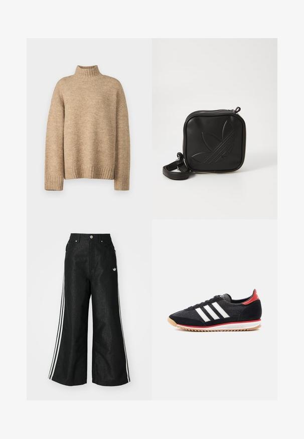 Bež džemper s visokim ovratnikom izrađen od mekanog, teksturiranog pletiva. Ima rebraste manžete i donji rub, te ležeran kroj. Klasičan i udoban dizajn.; Crne široke traper hlače s tri bijele pruge sa svake strane i malim bijelim logom. Ima prednje džepove i preklop s gumbom.; Crna atletska cipela s bijelim prugama, detaljima od brušene kože i crvenom petom. Tekstura od mrežastog materijala i gumenim potplatom svijetlosmeđe boje s uzorkom.; Crna kvadratna torbica preko tijela napravljena od teksturiranog sintetičkog materijala. Ima urezani dizajn logotipa i podesivu traku. Zatvaranje na patentni zatvarač.