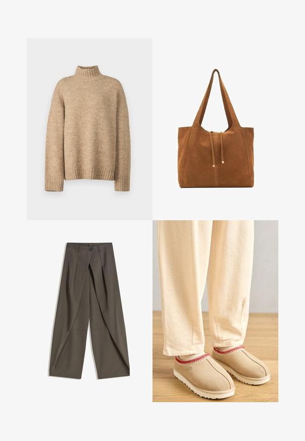 Beige coltrui gemaakt van zachte, gestructureerde breimateriaal. Beschikt over ribgebreide manchetten en zoom, en heeft een relaxte pasvorm. Tijdloos en comfortabel ontwerp.; Wijdvallende broek gemaakt van een gestructureerde, donkergrijze stof. Heeft een voorplooien, een knopenluiting en zijzakken voor praktische doeleinden.; Tansuède klompen met een rode decoratieve rand en een witte rubberen zool, gecombineerd met lichtbeige broeken, geplaatst op een houten vloer.; Bruine suède schoudertas met twee lange hengsels, trekkoordsluiting en minimalistisch ontwerp. Gladde textuur en geen zichtbare hardware-accenten.