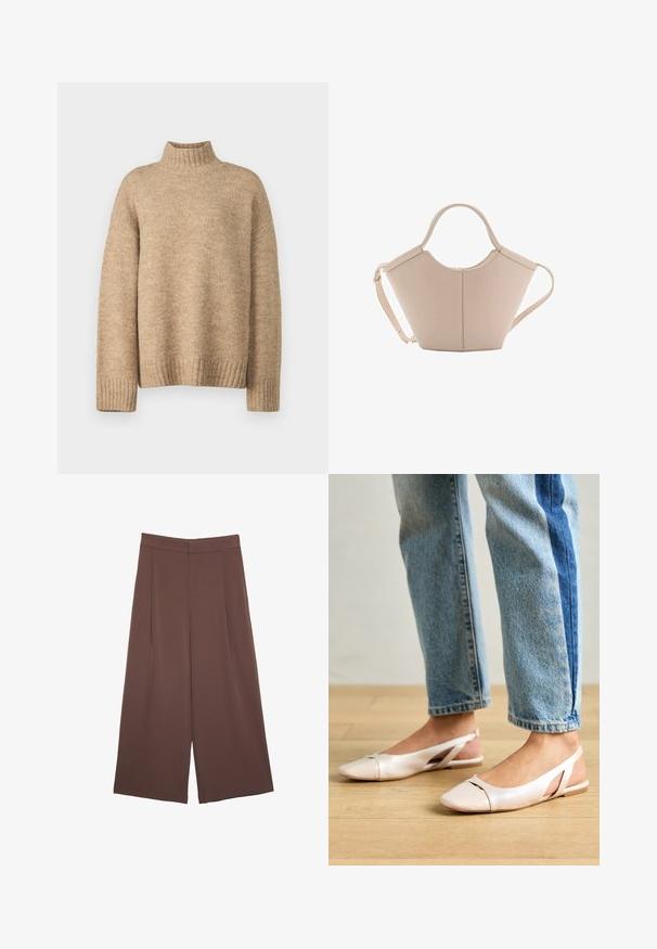 Beige pooloneule, joka on tehty pehmeästä, teksturoidusta neulomateriaalista. Tässä on ribbaatut hihansuut ja helma, sekä rento istuvuus. Klassinen ja mukava muotoilu.; Ruskeat leveälahkeiset housut, joissa on sileä pinta, korkea vyötärö ja etupleat. Kangas on kevyttä ja laskeutuu väljänä.; Vaaleanpunaiset slingback-ballerinat, joissa on terävä kärki, valmistettu sileästä nahkamaisesta materiaalista. Sivujen leikkuuyksityiskohdat ja tasapohja.; Vaaleanbeige nahkainen käsilaukku, jossa on ainutlaatuinen muoto, varustettuna kahdella lyhyellä kahvalla ja yhdellä pitkällä säädettävällä hihnalla. Sujuva pinta ja vähän metalliosia.