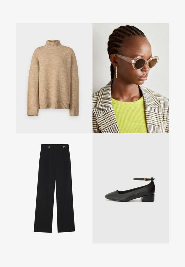 Pulover bej cu gât, realizat dintr-un material tricotat moale și texturat. Prezintă manșete și tiv cu nervuri, având o croială lejeră. Design clasic și confortabil.; Pantaloni negri cu picioare largi, talie înaltă, detalii cu butoane pe talie și pliseuri în față.; Pantof cu toc negru din piele, cu vârf ascuțit și toc mic pătrat. Dispune de o curea la gleznă cu o cataramă în tonuri de aur. Textură netedă.; Ochelari de soare stil cat-eye, cu lentile maro și rame transparente. Model purtând un top verde cu textură ribbed și un sacou în carouri. Cercei rotunzi din aur.