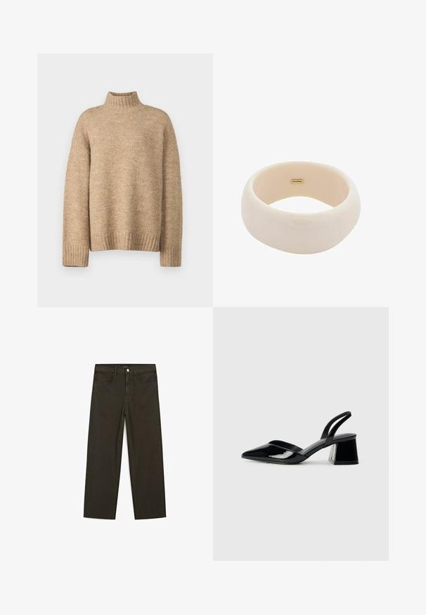 Maglione a collo alto beige realizzato in morbido materiale a maglia testurizzata. Presenta polsini e orlo a coste, e una vestibilità rilassata. Design classico e accogliente.; Jeans a gamba larga di colore verde scuro, realizzati in tessuto misto cotone, dotati di chiusura con bottone frontale, cinque tasche e cuciture classiche in denim.; Décolleté in vernice nera con punta affusolata e tacco in geometria cubica. Presentano un design elegante e minimalista, con una texture liscia.; Bracciale lucido beige realizzato in resina liscia. Forma rotonda con una superficie uniforme e un piccolo logo dorato all'interno.