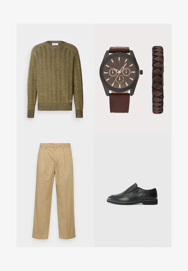 Zeleno-rumena sv sweaters z vzorcem ribje kosti, z rebrastim ovratnikom in manšetami ter z teksturiranim tkanim vzorcem po celotni površini.; Bež bombažne hlače s ravnim krojem, ki vključujejo sprednje naborke in stranske žepke. Tkanina ima gladko, mehak občutek.; Črne usnjene natikače z gladkim zgornjim delom, prišitimi detajli, zaobljenim nosom in nizkim gumijastim petkom. Podplat ima minimalen profil.; Pier One SET - Ura - black/brown
