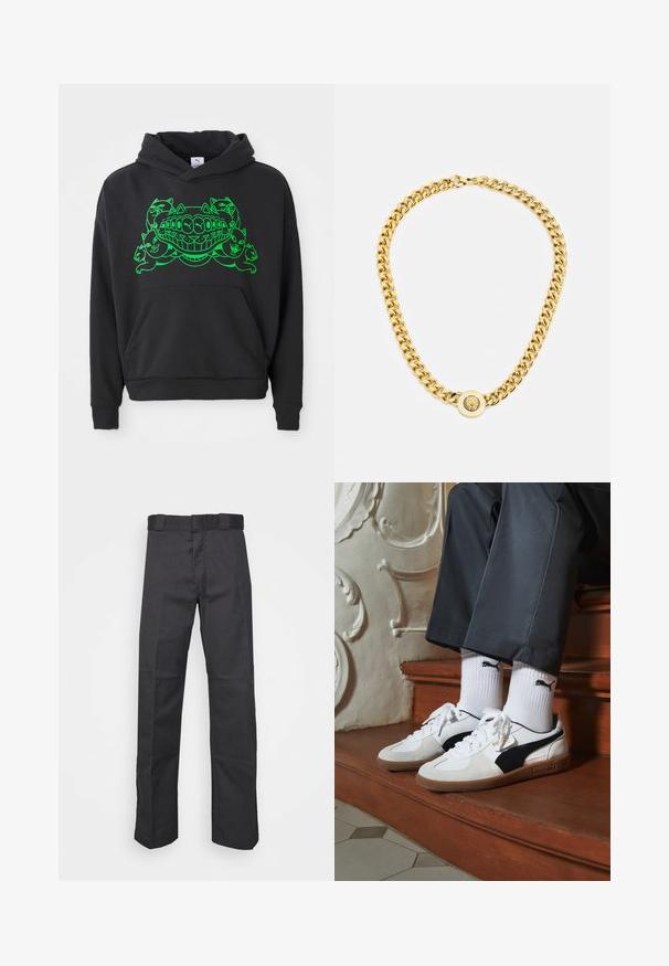 Felpa nera con cappuccio caratterizzata da un design grafico verde con gatti stilizzati e una bocca sorridente; include una tasca a marsupio frontale e polsini a coste.; Pantaloni neri realizzati in tessuto resistente, con un design a gamba dritta, una cintura con passanti per la cintura e cuciture per una maggiore texture.; Sneakers Puma in suede bianco e nero, con suola in gomma marrone. Abbinati a calzini bianchi con logo nero, indossati con pantaloni scuri.; Collana in oro con grandi anelli intrecciati, caratterizzata da un dettaglio pendente circolare al centro con un emblema in rilievo.