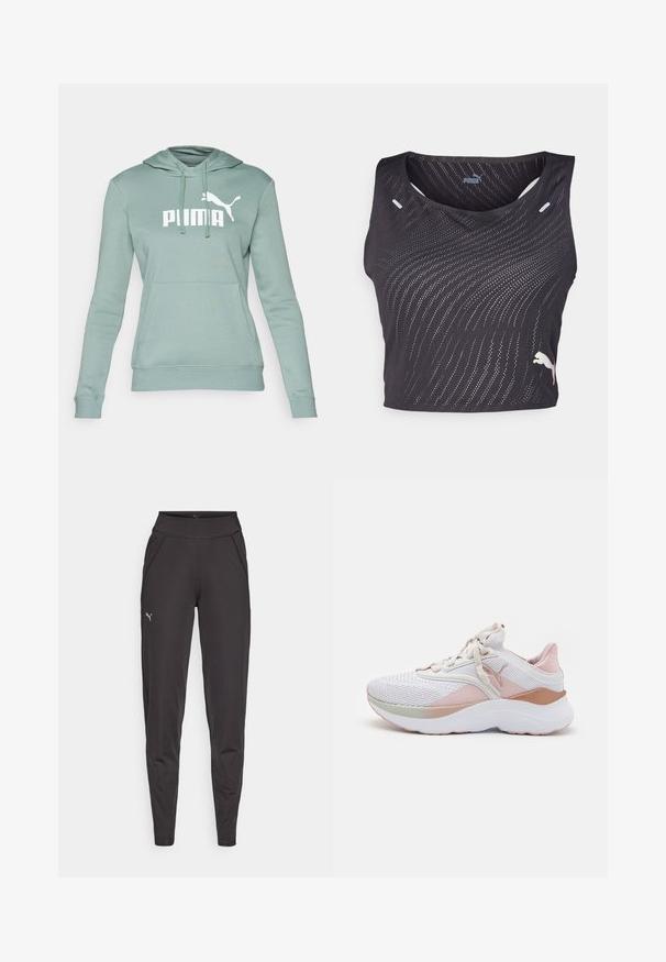 Hanorac verde dintr-un material moale, având buzunar tip cangur, glugă cu șnur și un logo alb proeminent "PUMA" pe partea din față.; Top athletic fără mâneci, de culoare neagră, cu un model texturat în formă de valuri, mici găuri pentru ventilație și un logo contrasting pe margine.; Leggings atletice negre, fabricate dintr-un material elastic, cu un talie înaltă, buzunare laterale și un mic logo reflectorizant pe coapsa stângă.; Cămașă sport albă cu partea superioară din plasă, accente roz, modele texturate și o talpă groasă albă. Include șireturi și un toc căptușit.