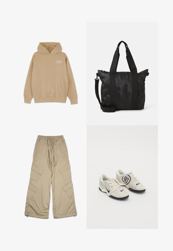 Sweatshirt bege com um bolso frontal, capuz com cordão e punhos e bainha canelados. Apresenta um pequeno logotipo branco no lado esquerdo.; Calças cargo bege com cintura ajustável, múltiplos bolsos laterais e um corte descontraído. Feitas de um tecido leve e suave com detalhes de costura.; Tênis Nike com um upper texturizado em bege e cinza, detalhes em preto, um grande logótipo "90" e um fecho de atacadores branco. Sola preta.; Bolsa tote preta com tecido texturizado, alças duplas na parte superior e uma alça de ombro destacável. Possui fecho com zipper para armazenamento seguro.