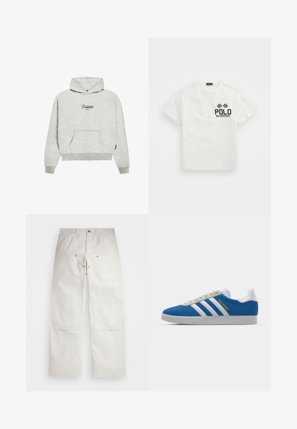 PROHIBITED GARMENT - Mikina s kapucí - greymelange; Bílý bavlněný tričko s kulatým výstřihem, s černým logem "Polo Motorsport" a zkříženými šachovnicovými vlajkami na levé hrudi.; Bílé bavlněné kalhoty s volným střihem, předními kapsami, zlatými kovovými detaily a výztuhami na kolenou.; adidas Originals ADIDAS GAZELLE SHOES - Sálové kopačky - real madrid/bluebird/footwear white/crew yellow