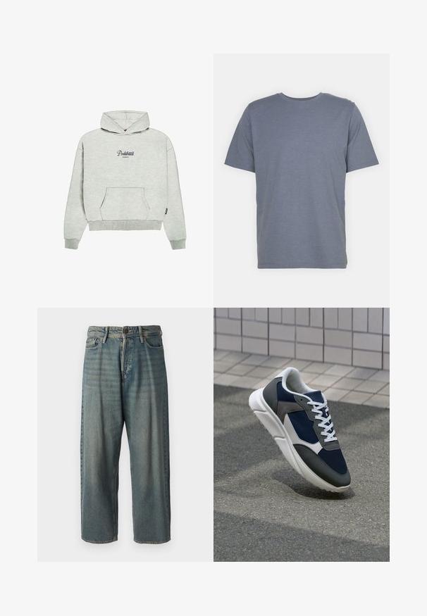 PROHIBITED GARMENT - Mikina s kapucňou - greymelange; Šedé tričko s krátkymi rukávmi a okrúhlym výstrihom, vyrobené z jemnej bavlnenej zmesi. Jednoduchý dizajn, bez vzorov alebo akcentov.; Svetlomodré denimové nohavice so voľným strihom, stredne vysokým pásom a rovnými nohavicami. Obsahujú päť vreciek, pútka na opasok a zapínanie na gombík.; Tenisky s sieťovinou v námorníckej modrej farbe, so sivými semišovými detailmi, bielou gumovou podrážkou a plochými bielymi šnúrkami, navrhnuté pre pohodlie a priedušnosť.