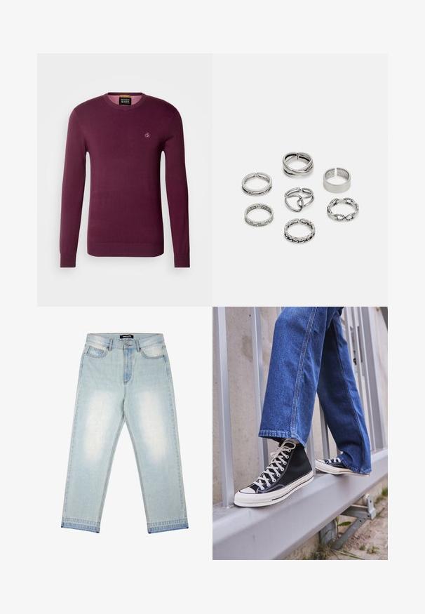 Tummanpunainen neulepaita pitkillä hihoilla, pyöreällä kaula-aukolla ja ribbaamalla viimeistellyt helma. Rinnassa pieni, sävy sävyyn logo. Sileä tekstuuri, ohut malli.; Pegador BARROW - Loose fit -farkut - sand washed blue; Mustat high-top tennarit valkoisella pohjalla ja nauhoilla, yhdistettynä väljään sinisiin farkkuihin, lepäävät harmaalla kaiteella.; Setti seitsemän hopeasormusta, joissa on erilaisia muotoiluja, kuten kierrettyjä, linkitettyjä ja kaiverruksilla varustettuja kuvioita. Eri muotoja ja leveydet.