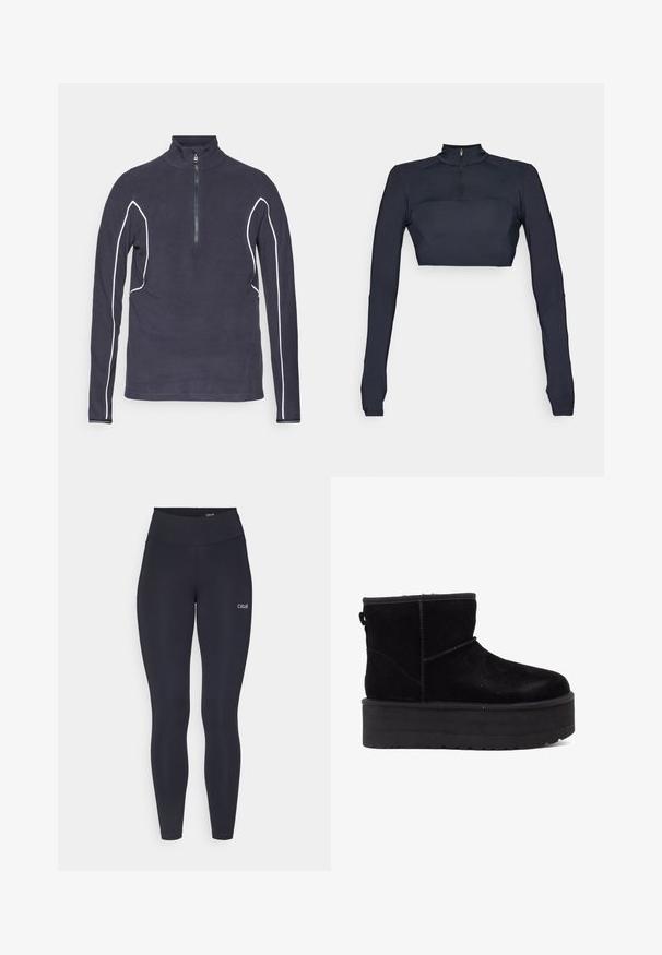 Pullover de fleece azul-marinho com fecho de correr, apresentando colarinho alto e detalhes em branco ao longo das costuras. Textura suave.; Top cropped de manga longa azul-marinho com gola alta e fecho de correr de um quarto, apresentando painéis texturizados nos ombros e uma silhueta ajustada.; Leggings pretos com uma cintura alta, feitos de um tecido elástico, apresentando um pequeno logótipo branco na coxa e uma textura suave.; Botas de tornozelo em camurça preta com uma sola de plataforma grossa e forro macio. Acabadas com costuras decorativas e uma alça na parte de trás para facilitar o calçar.