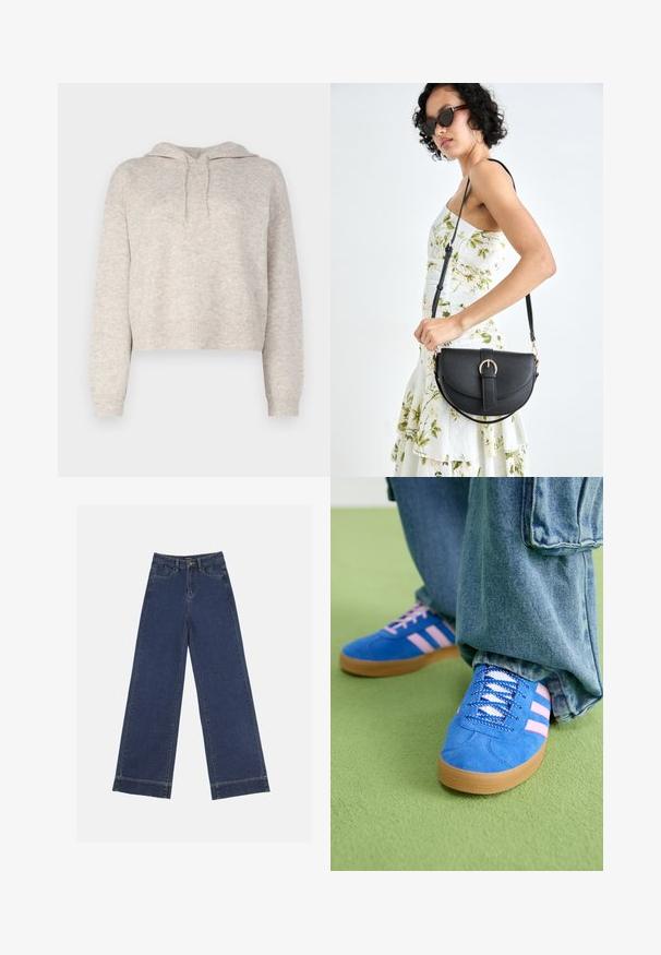 Hanorac scurt de culoare gri deschis, cu un tricot texturat, având un glugă cu șnur și manșete și tiv cu nervuri. Croială moale, relaxată.; Jeans evazați din denim albastru închis. Au cinci buzunare, bucle pentru curea și o margine brută la baza, cu detalii de coasere vizibile.; Pantofi din piele întoarsă albaștri cu dungi roz și șireturi albe, având o talpă din cauciuc gumat, asortați cu pantaloni din denim largi pe o suprafață verde.; Geantă din piele neagră, cu o formă curbată, curea detașabilă și accesorii aurii. Geanta are un capac cu un detaliu tip cataramă.