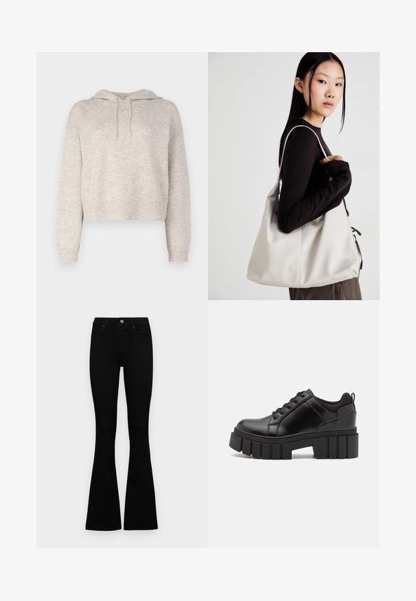 Világosszürke, rövidített kapucnis top, texturált kötésből készült, húzózsinórral ellátott kapucnival és bordázott mandzsettákkal, valamint alsó szegéllyel. Puha, laza fazon.; Fekete, magas derekú farmernadrág gomb- és cipzárzárral, elülső zsebekkel és harangszárral, laposan egy fehér háttérre terítve.; Fekete bőr platform cipők vaskos blokk sarkakkal, kerek orral és hagyományos fűzős kialakítással. Simára csiszolt felület és minimális részletezés jellemzi.; Puha anyagból készült bézs kézitáska, laza dizájnnal, varrott részletekkel és két vállpánttal. Mindennapi használatra alkalmas.