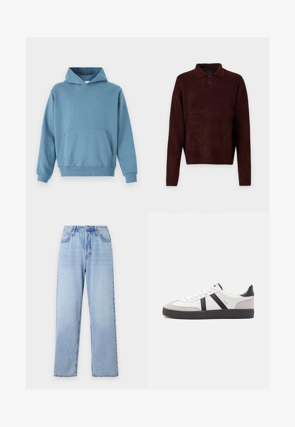 Felpa in cotone blu con tasca frontale, maniche lunghe e cappuccio con cordoncino. Texture liscia e polsini a coste all'orlo e alle maniche.; Pullover marrone lavorato a maglia con colletto polo, tre bottoni al collo e maniche lunghe. Texture morbida, polsini e orlo a costine.; Jeans in denim blu chiaro con vestibilità dritta, vita alta, cinque tasche e chiusura con bottone superiore. Presentano un lavaggio sbiadito e cuciture a contrasto.; Sneaker bianco con accenti neri e grigi, dotata di una punta grigia testurizzata, suola in gomma nera e lacci bianchi piatti. Design pulito, stile minimalista.