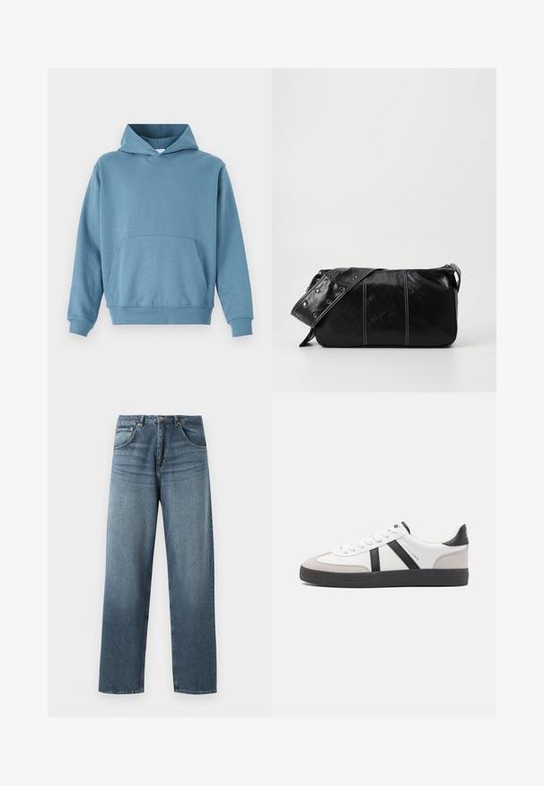 Plava pamučna dukserica s prednjim džepom, dugim rukavima i kapuljačom s izrezanom vrpcom. Glatka tekstura i rebrasti rubovi na hemu i rukavima.; Ravne plave traperice s izblijedjelim pranjem, s pet džepova, metalnim gumbom i petljama za remen. Strukturalna, srednje teška tkanina.; Bijele tenisice s crnim i sivim detaljima, s teksturiranim sivim zaštitnikom prstiju, crnim gumene potplate i ravnim bijelim vezicama. Čist dizajn, minimalistički stil.; Crna kožna torba preko ramena s zatvaranjem na patentni zatvarač, s teksturiranim tijelom, bijelim šavovima i remenom sa srebrnim okovima.