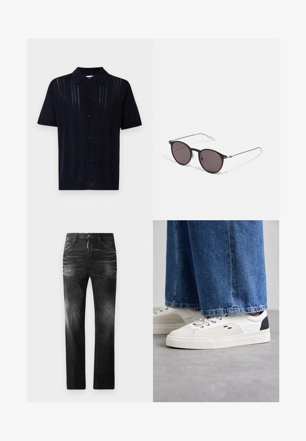 Tumši jūras zila īsai piedurknei adīta polo krekliņa ar punktveida apkakli, kas izceļas ar vertikālām ribu detaļām un sešām pogām priekšā.; Melni džinsi no denima ar taisnu piegriezumu. Iespējas ietver izbalējušas vietas, nelielas nodiluma pazīmes, klasisko piecu kabatu dizainu un pogu aizdari.; Balti un melni apavi ar gludu ādas virsu, teksturētiem akcentiem un masīvu baltu zoli. Iespējojot klasisku šņorējamu dizainu.; Melni apaļi saulesbrilles ar tumšiem lēca un plānām metāla stangām. Iekļautas caurspīdīgas tempļu galviņas un sudraba akcenti pie eņģes. Minimalistisks dizains.