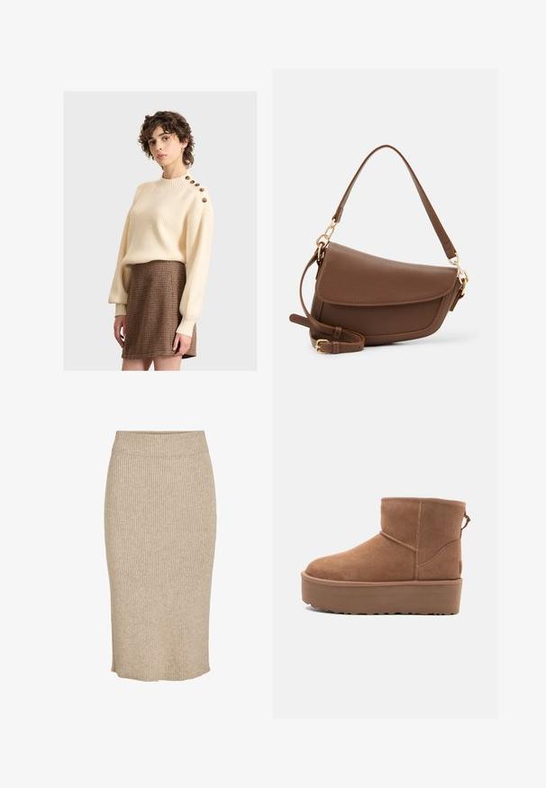 Kremasti rebrasti pulover s visokim ovratnikom i drvenim dugmadi na ramenu, uparen s teksturiranom smeškom kariranom suknjom.; Pleteni suknja u svijetlosmešavoj boji s vertikalnom rebrastom teksturom, dužine do koljena s elastičnom sredinom i ravnim krojem.; Svijetlosmeđi antilop čizmice do članka s platformom, okruglim vrhom i ukrasnim šavovima; ima petnu traku za lakše obuvanje.; Smeđa kožna torba za rame s teksturiranim završetkom, zakrivljenim oblikom, zlatnim hardverom, podesivim remenom i zatvaranjem na preklop.
