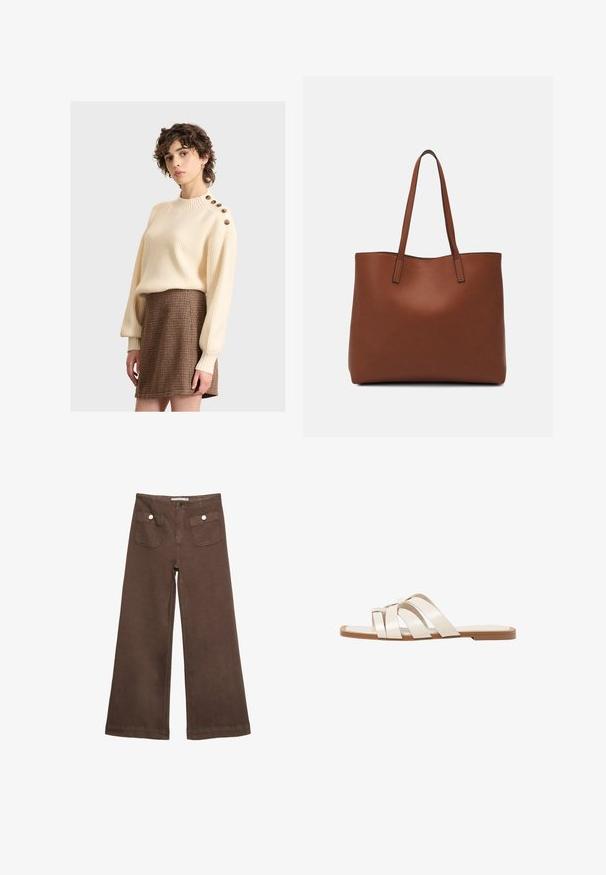 Kremasti rebrasti pulover s visokim ovratnikom i drvenim dugmadi na ramenu, uparen s teksturiranom smeškom kariranom suknjom.; Smeđe široke hlače od pamuka, s dva prednja džepa sa srebrnim dugmadima i glatkom teksturom.; Ravne sandale s smeškom od gume, dizajnirane s tri preklapajuće bele kožne trake i malim detaljem mašne u sredini.; Smeđa kožna torba preko ramena s glatkom teksturom, otvorenim vrhom i dvjema naramenicama. Ima minimalne šavove i nema vidljivog hardvera.