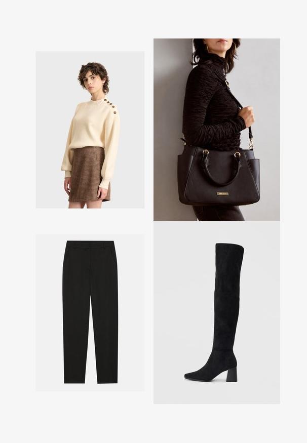 Cremefarbener, gerippter Pullover mit hohem Kragen und Holzknopf-Akzenten an der Schulter, kombiniert mit einem strukturierten braunen karierten Rock.; Schwarze Hosen mit taillierter Passform, ausgestattet mit seitlichen Taschen und geradem Bein. Hergestellt aus glattem, leichtem Stoff mit einem eleganten Finish.; Schwarze Wildleder-Stiefel bis zum Knie mit Blockabsatz, spitzer Zehe und glattem, nahtlosem Design auf einem schlichten, hellen Hintergrund.; Schwarze Handtasche mit strukturierten Oberflächen, doppelten Obergriffen und verstellbarem Schultergurt. Mit goldfarbener Hardware und Seitentaschen.