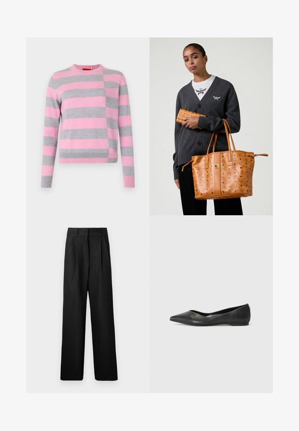 Striktrøje med pink og grå striber, rund hals, lange ærmer, ribbet kant og et skråsnit med varierende stribemønster.; Hvid bomuld t-shirt med et lille sort logo med vinger og "MCM" i midten på fronten. Korte ærmer og rund hals.; Sorte vide bukser med en glat tekstur, med forkørsler og høj talje design. Fremstillet af et let stof.; Sorte læder balletlejersko med spids tå, lav hæl og glat overflade. Minimalistisk design med en diskret sideaccent.; Kvinde iført en mørkegrå cardigan og hvid skjorte, som holder en lys læder tote taske og en matchende pung med logo-print.; Tan læderpung med sorte MCM-logoer, der har en klaplukning og diamantmønster accenter. Tekstureret overflade med syede kanter.